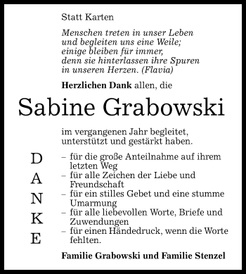 Anzeige von Sabine Grabowski von Reutlinger Generalanzeiger