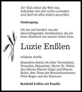 Anzeige von Luzie Enßlen von Reutlinger Generalanzeiger