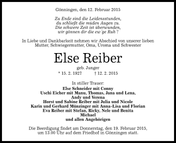 Anzeige von Else Reiber von Reutlinger Generalanzeiger