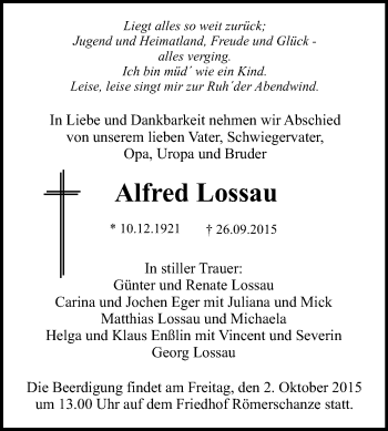 Anzeige von Alfred Lossau von Reutlinger Generalanzeiger