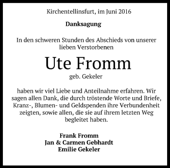 Anzeige von Ute Fromm von Reutlinger Generalanzeiger