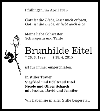 Anzeige von Brunhilde Eitel von Reutlinger Generalanzeiger