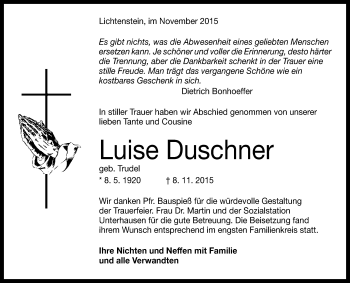 Anzeige von Luise Duschner von Reutlinger Generalanzeiger
