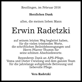 Anzeige von Erwin Radetzki von Reutlinger Generalanzeiger