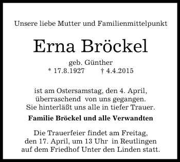 Anzeige von Erna Bröckel von Reutlinger Generalanzeiger