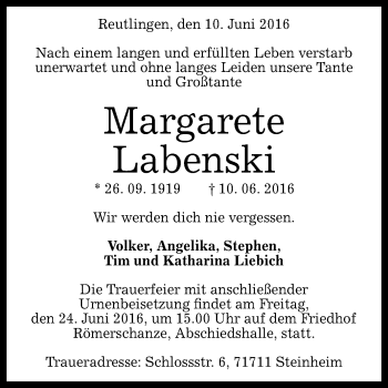 Anzeige von Margarete Labenski von Reutlinger Generalanzeiger