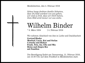 Anzeige von Wilhelm Binder von Reutlinger Generalanzeiger