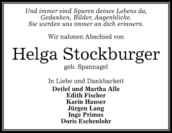 Anzeige von Helga Stockburger von Reutlinger Generalanzeiger