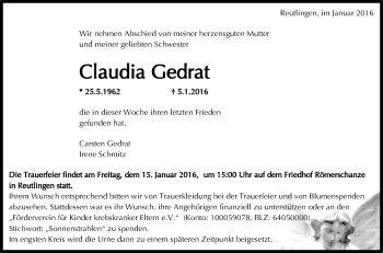 Anzeige von Claudia Gedrat von Reutlinger Generalanzeiger