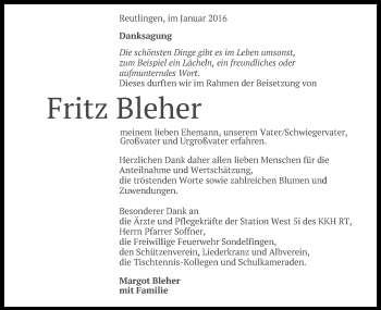 Anzeige von Fritz Bleher von Reutlinger Generalanzeiger