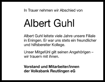 Anzeige von Albert Guhl von Reutlinger Generalanzeiger