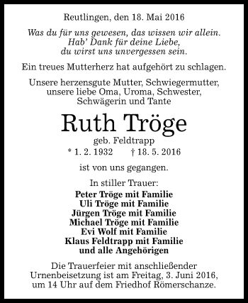 Anzeige von Ruth Tröge von Reutlinger Generalanzeiger