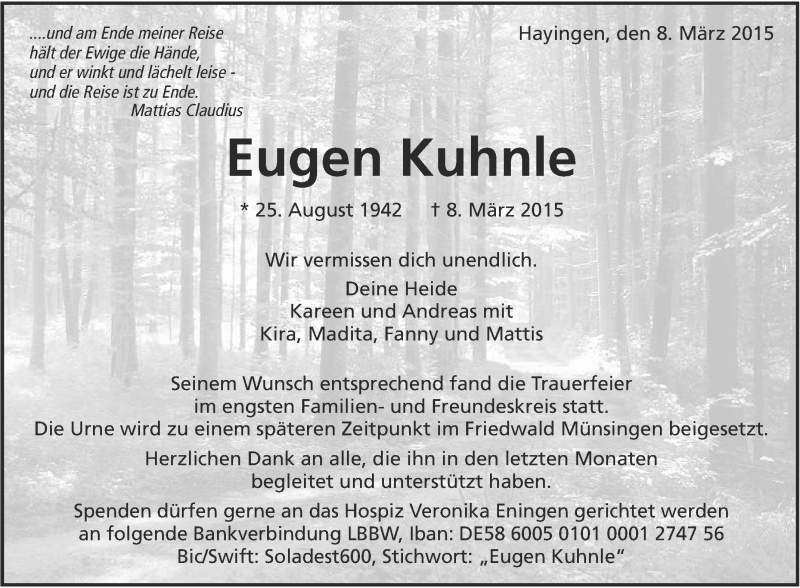  Traueranzeige für Eugen Kuhnle vom 16.03.2015 aus Reutlinger Generalanzeiger