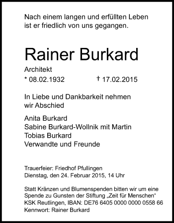 Anzeige von Rainer Burkard von Reutlinger Generalanzeiger