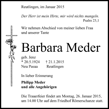 Anzeige von Barbara Meder von Reutlinger Generalanzeiger
