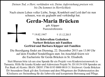 Anzeige von Gerda-Maria Brücken von Reutlinger Generalanzeiger