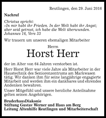 Anzeige von Horst Herr von Reutlinger Generalanzeiger