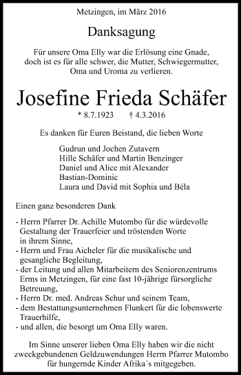 Anzeige von Josefine Frieda Schäfer von Reutlinger Generalanzeiger
