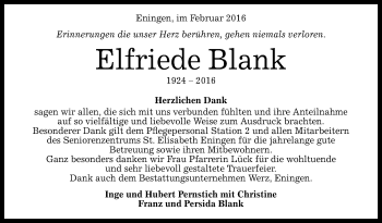 Anzeige von Elfriede Blank von Reutlinger Generalanzeiger