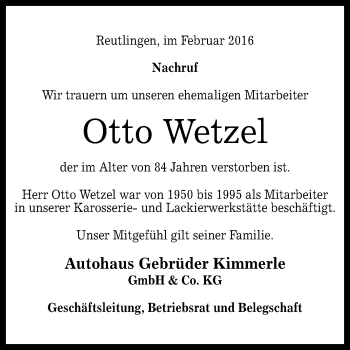 Anzeige von Otto Wetzel von Reutlinger Generalanzeiger