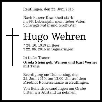 Anzeige von Hugo Wehren von Reutlinger Generalanzeiger