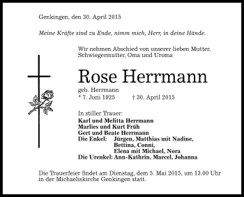 Anzeige von Rose Herrmann von Reutlinger Generalanzeiger