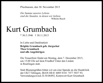 Anzeige von Kurt Grumbach von Reutlinger Generalanzeiger