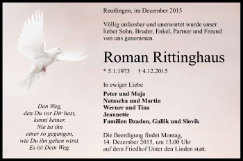 Anzeige von Roman Rittinghaus von Reutlinger Generalanzeiger