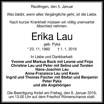 Anzeige von Erika Lau von Reutlinger Generalanzeiger