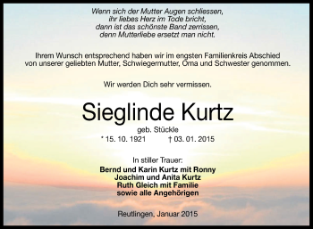 Anzeige von Sieglinde Kurtz von Reutlinger Generalanzeiger