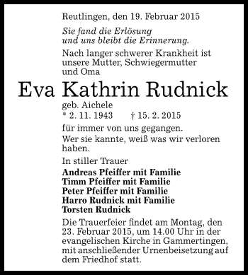 Anzeige von Eva Kathrin Rudnick von Reutlinger Generalanzeiger