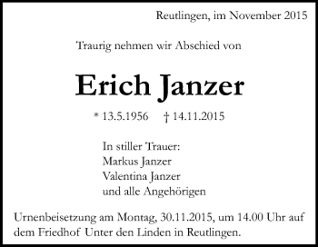 Anzeige von Erich Janzer von Reutlinger Generalanzeiger