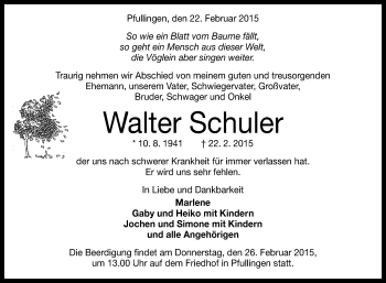 Anzeige von Walter Schuler von Reutlinger Generalanzeiger