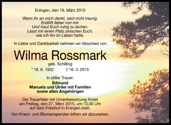 Anzeige von Wilma Rossmark von Reutlinger Generalanzeiger
