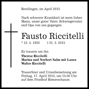 Anzeige von Fausto Riccitelli von Reutlinger Generalanzeiger