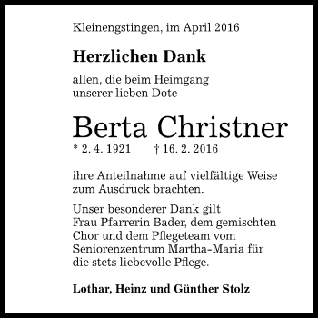 Anzeige von Berta Christner von Reutlinger Generalanzeiger