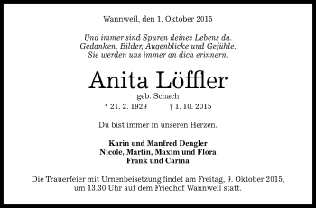 Anzeige von Anita Löffler von Reutlinger Generalanzeiger