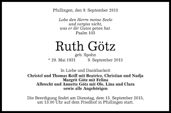 Anzeige von Ruth Götz von Reutlinger Generalanzeiger