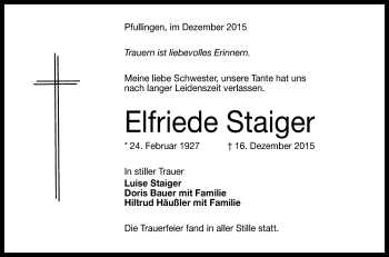 Anzeige von Elfriede Staiger von Reutlinger Generalanzeiger