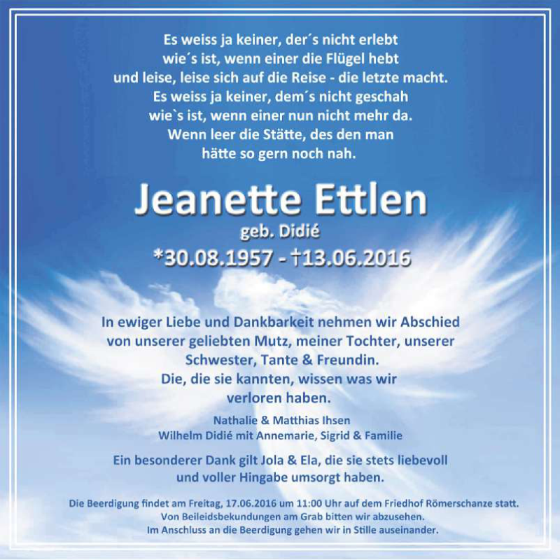  Traueranzeige für Jeanette Ettlen vom 15.06.2016 aus Reutlinger Generalanzeiger