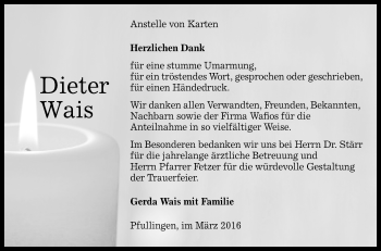 Anzeige von Dieter Wais von Reutlinger Generalanzeiger
