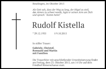 Anzeige von Rudolf Kistella von Reutlinger Generalanzeiger