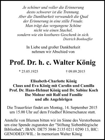Anzeige von Walter König von Reutlinger Generalanzeiger