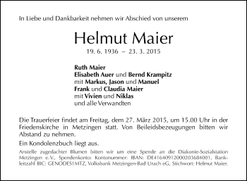 Anzeige von Helmut Maier von Reutlinger Generalanzeiger
