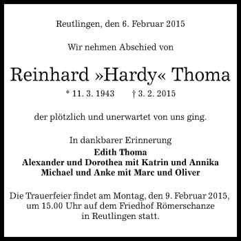 Anzeige von Reinhard Thoma von Reutlinger Generalanzeiger