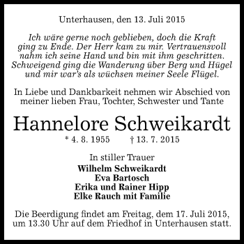 Anzeige von Hannelore Schweikardt von Reutlinger Generalanzeiger