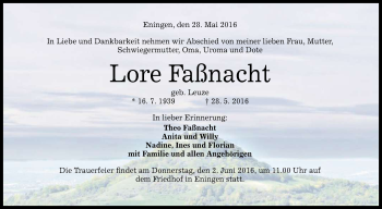 Anzeige von Lore Faßnacht von Reutlinger Generalanzeiger