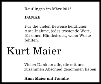Anzeige von Kurt Maier von Reutlinger Generalanzeiger