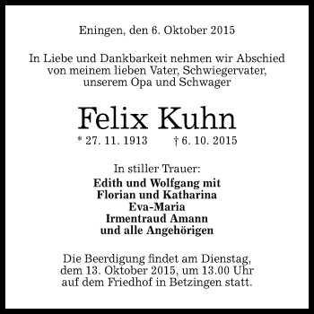 Anzeige von Felix Kuhn von Reutlinger Generalanzeiger