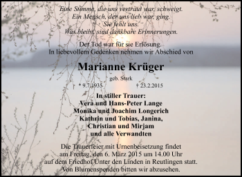 Anzeige von Marianne Krüger von Reutlinger Generalanzeiger